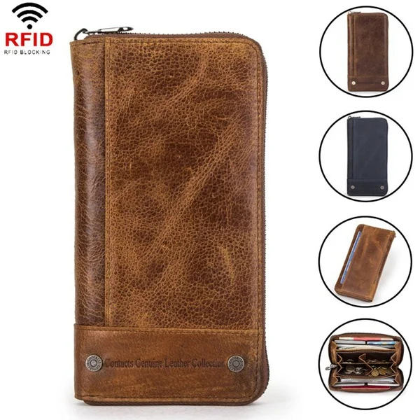 

Retro Men's RFID Blocking Wallet Cowhide Long Clutch Wallet Zipper Wallet Credit Card Wallet Coins Purse Money Clip Handbags