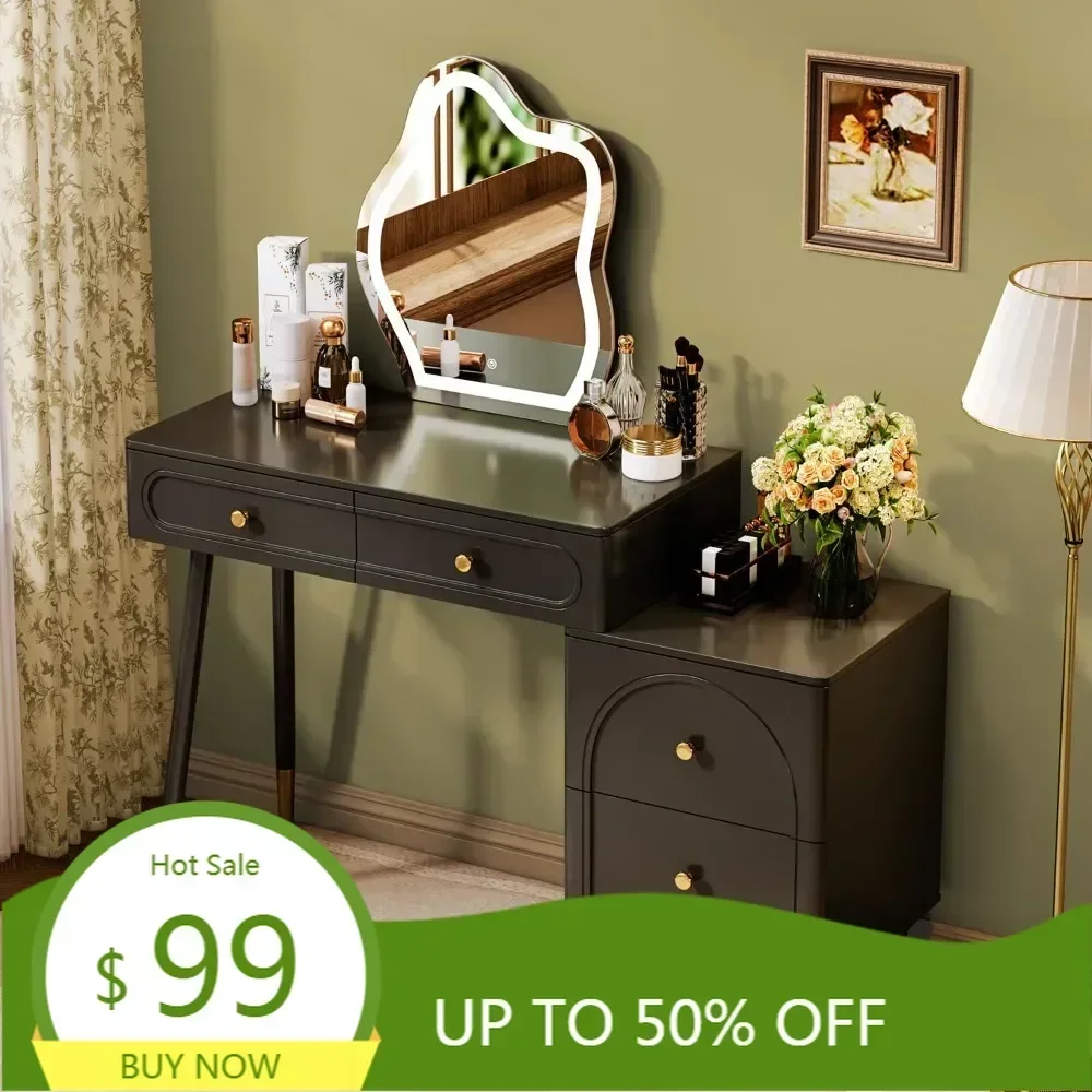 

Элегантный белый угловой туалетный столик диаметром 31,5 дюйма с зеркалом с подсветкой и простыми ящиками для хранения вещей для современной стили спальни