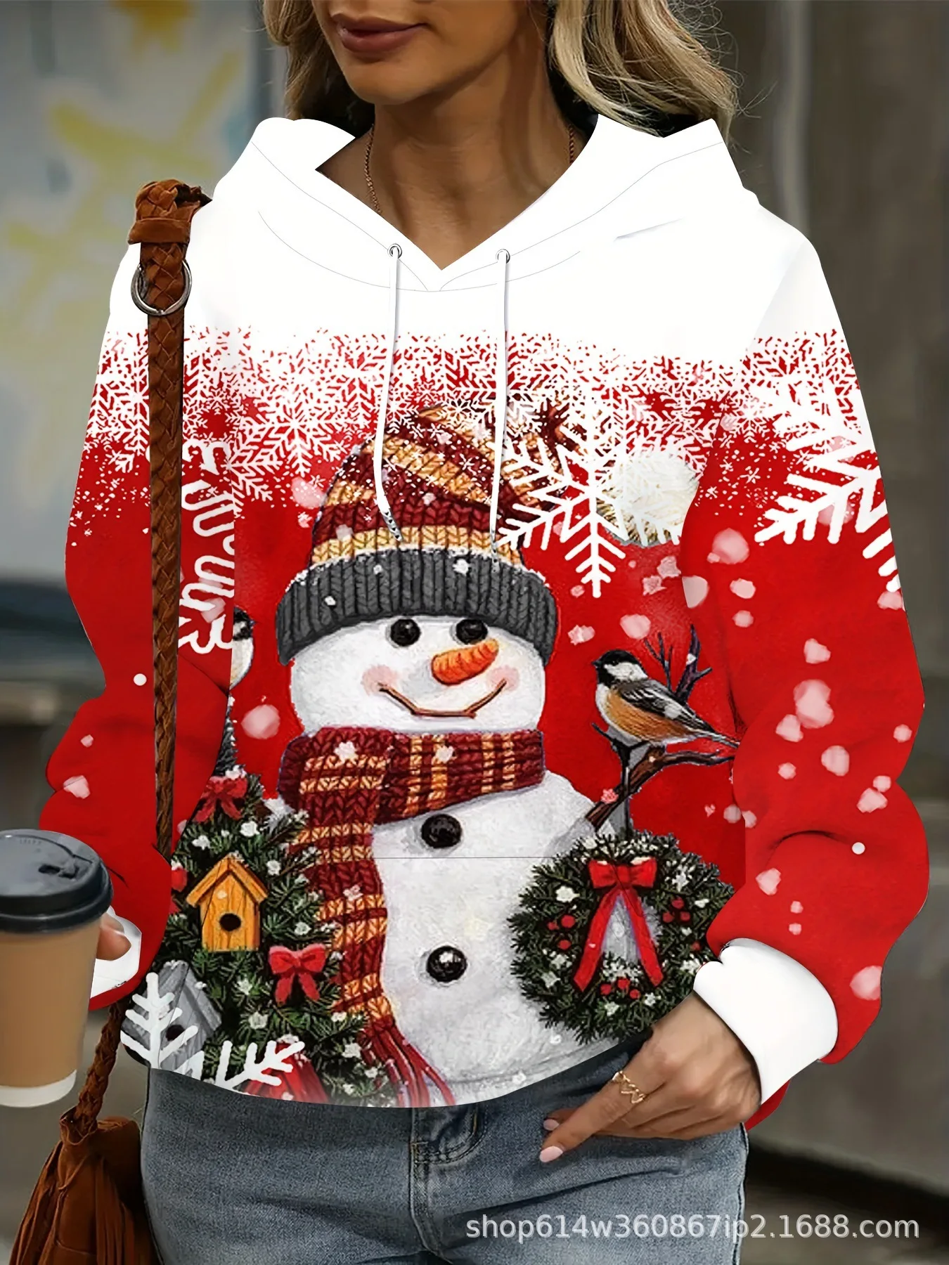 European and American women's Christmas themed snowman 3D printed hooded sweatshirt casual style with hat long sleeved sweatshir