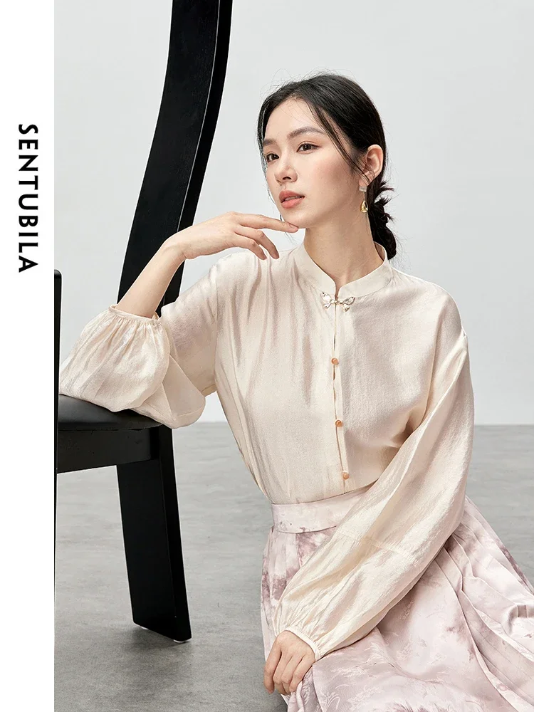 SENTUBILA New Chinese Style Stand Neck Shirt for Women 2024 Autumn Casual Loose Butterfly Button Lanter Sleeve Top 143C55957