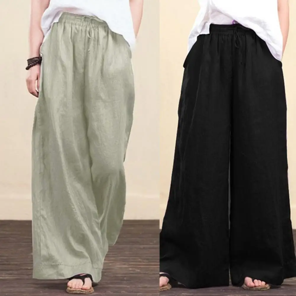 New Vintage Linen Elastic Waist Wide Leg Pants Women Long Trousers Summer Solid Color Casual Loose Pants Female Boho Clothes