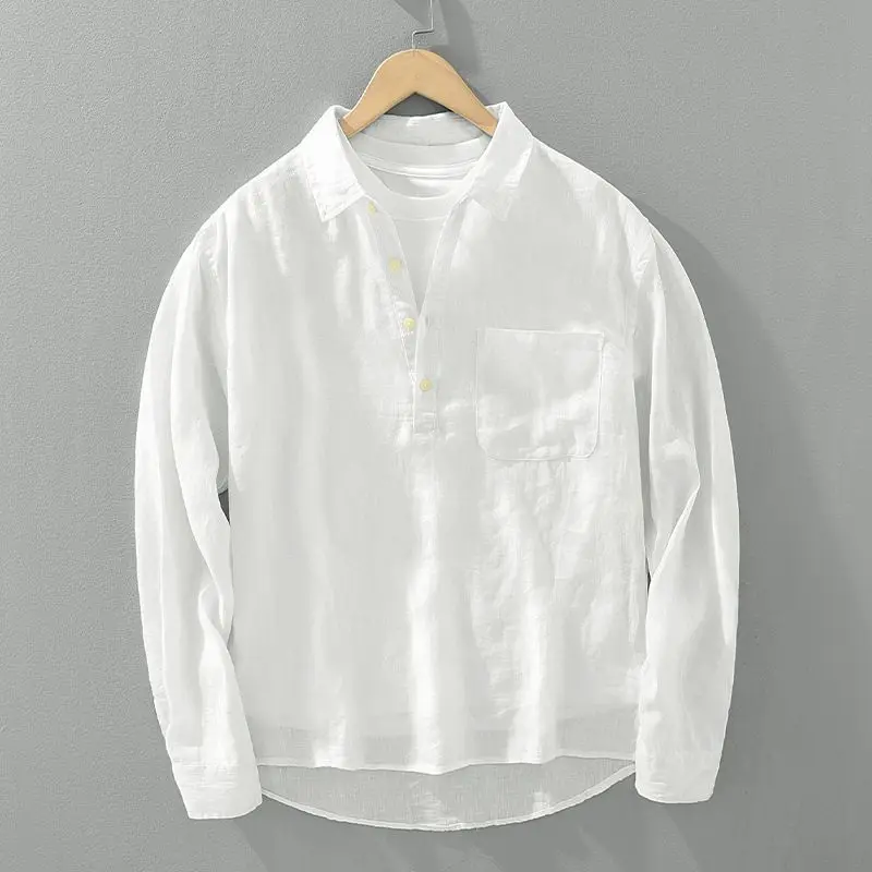 Japanese Retro Long-sleeved Linen Shirt Men Summer New Loose Pullover Square Collar Cardigan Casual Cotton Linen Top