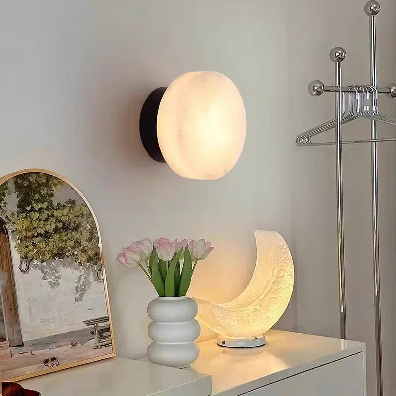 Spanish High-end Natural Marble Round Wall Lamp LED Light Modern Minimalist Living Room Restaurant Bedroom Corridor E27 Sconces