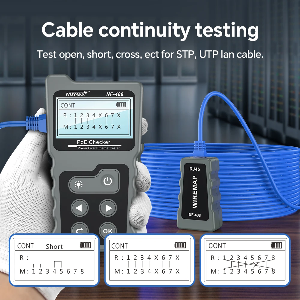 Noyafa-probador de Cable de red LCD, comprobador de corriente de voltaje PoE en línea con rastreador de Cable Ethernet, prueba Lan, NF-488