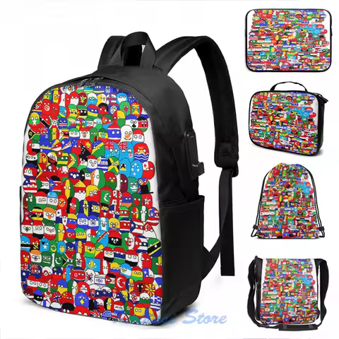 Funny Graphic print countryball USB Charge Backpack men School bags Women bag Travel laptop bag