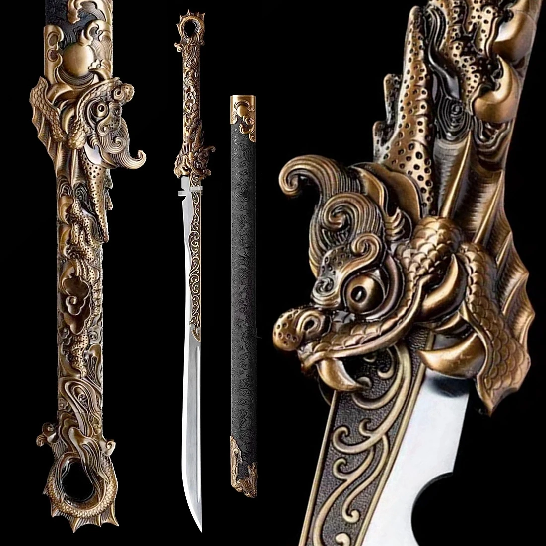 Metal Handle Dragon KungFu Broad Sword High Manganese Steel Blade Chinese Tang Dynasty Saber Jian WuShu Battle Straight Knife ﻿