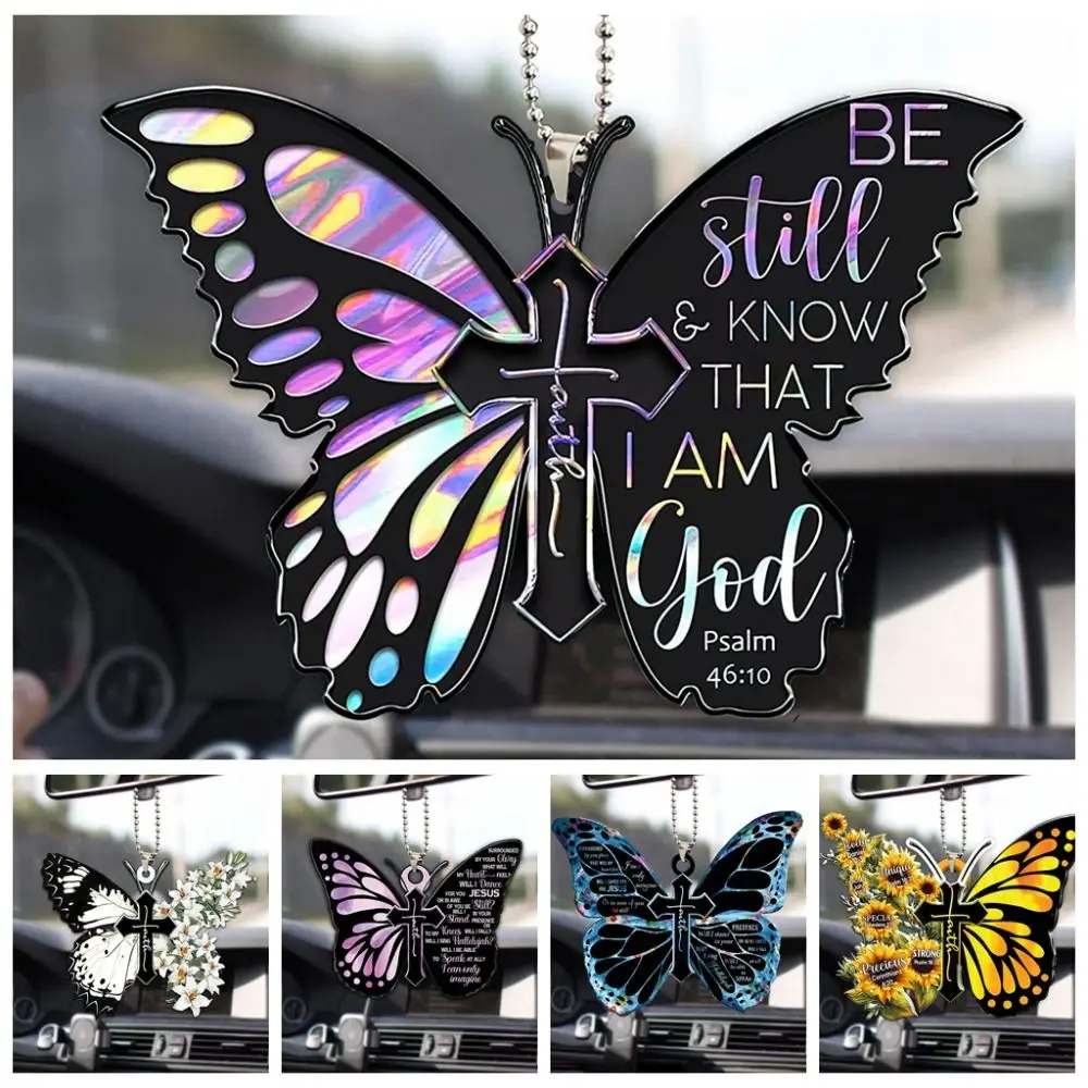 

Sunflower Butterfly Car Charm Rear View Mirror Accessories Car Interior Decor Pendant Butterfly Cross Hanging Decoration