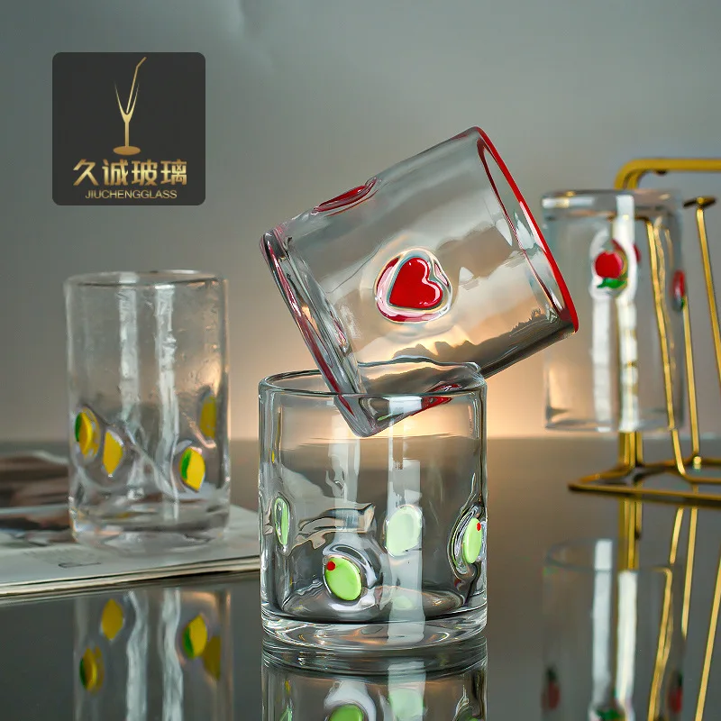 High Aesthetic Hand Drawn Surface Mount Glass Cup Ins Style Juice Cup Embossed Painted Water  Thickened Crystal High Foot Cup