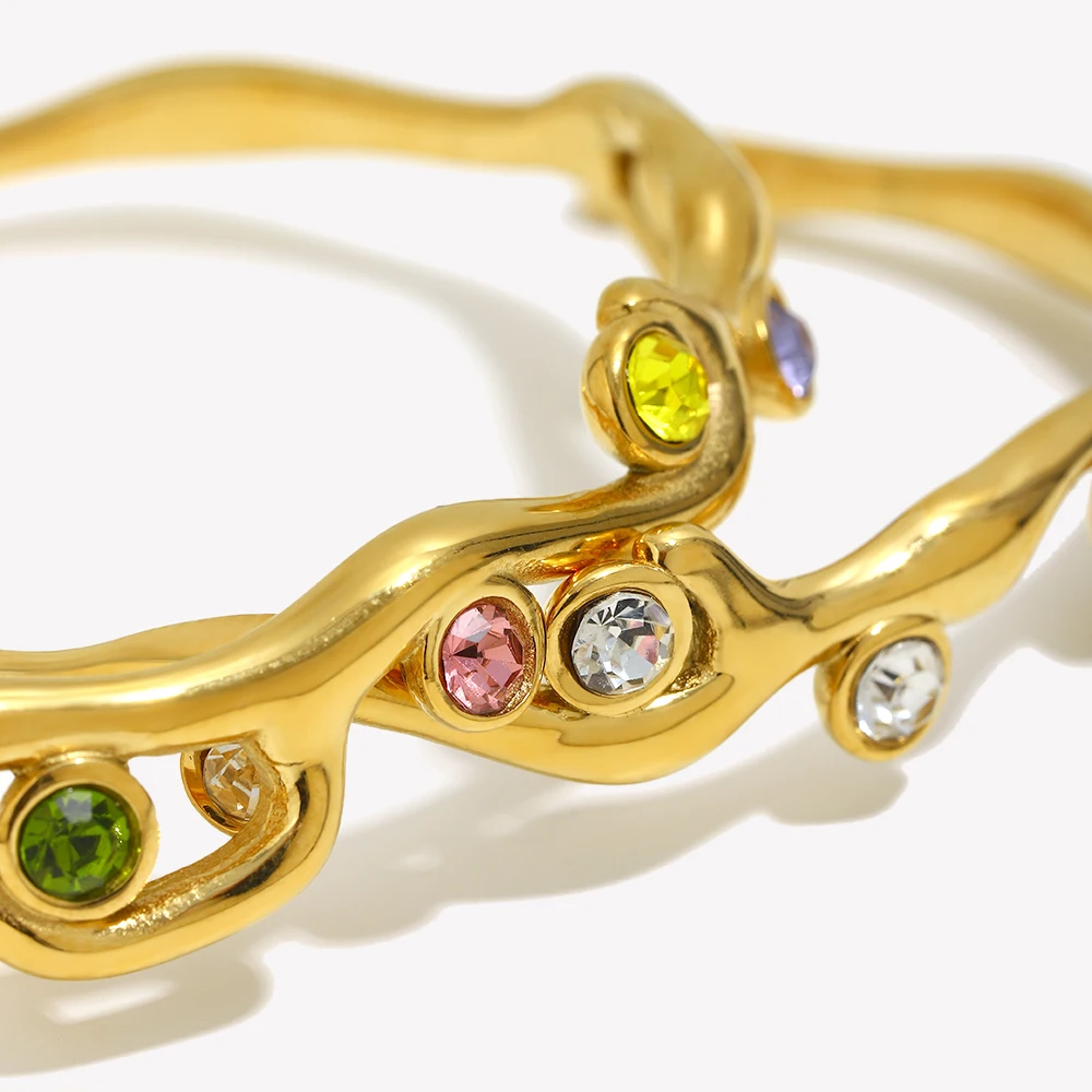 E.B.belle Plant Branch Shape Open Bracelet Colorful Rhinestone Bangle 18K Gold Plated Stainless Steel For Women Hypoallergenic