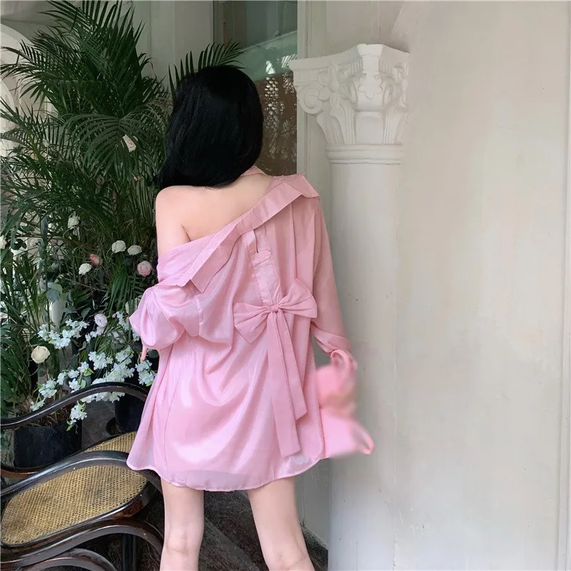 Summer Gentle Style Back Cut-Out Bow Design Seaside Holiday Elegant Women Sunscreen Shirt Solid Color All-match Cardigan