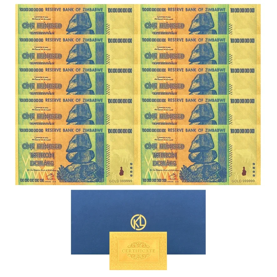 10 Pcs Zimbabwe Paper Money Gold Plated Foil Banknote Collective Notes for Business Gift Home Collection