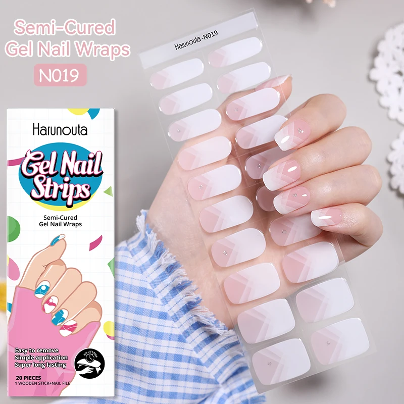 20Tips Pink White Gradient Semi-cured Gel Nail Wraps Sticker French Full Cover Nail Gel Polish Decals Manicure UV Lamp Needed