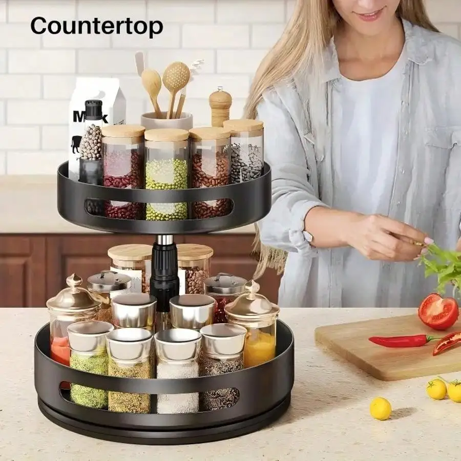 2/3-Tier Rotating Kitchen Storage Rack – Metal & Plastic Floor-Standing