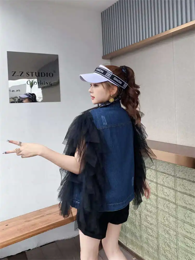 Fashion Brand Heavy Industry Colorful Crystals Tassel Denim Vest Female 2024 Summer New Loose Mesh Patchwork Vest Cardigan Women