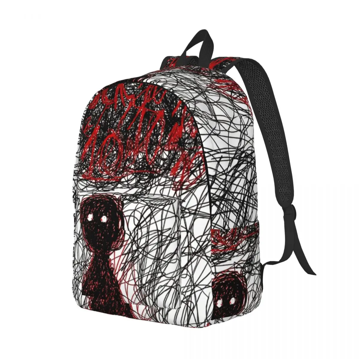 Dark Punk Printed Backpack Allover Scribble Figure Expressive Ink White Black Blood Red Edgy Daypack for School Work Weekend Gym