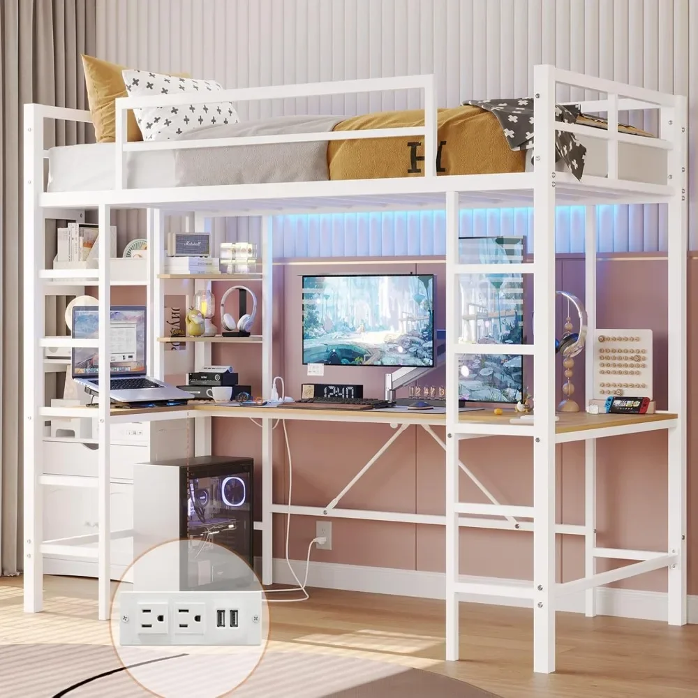 

Twin Loft Bed with U Shaped Desk and Led Lights Metal Loft Bed Twin Size LED Frame with Charging Station and Storage Shelve