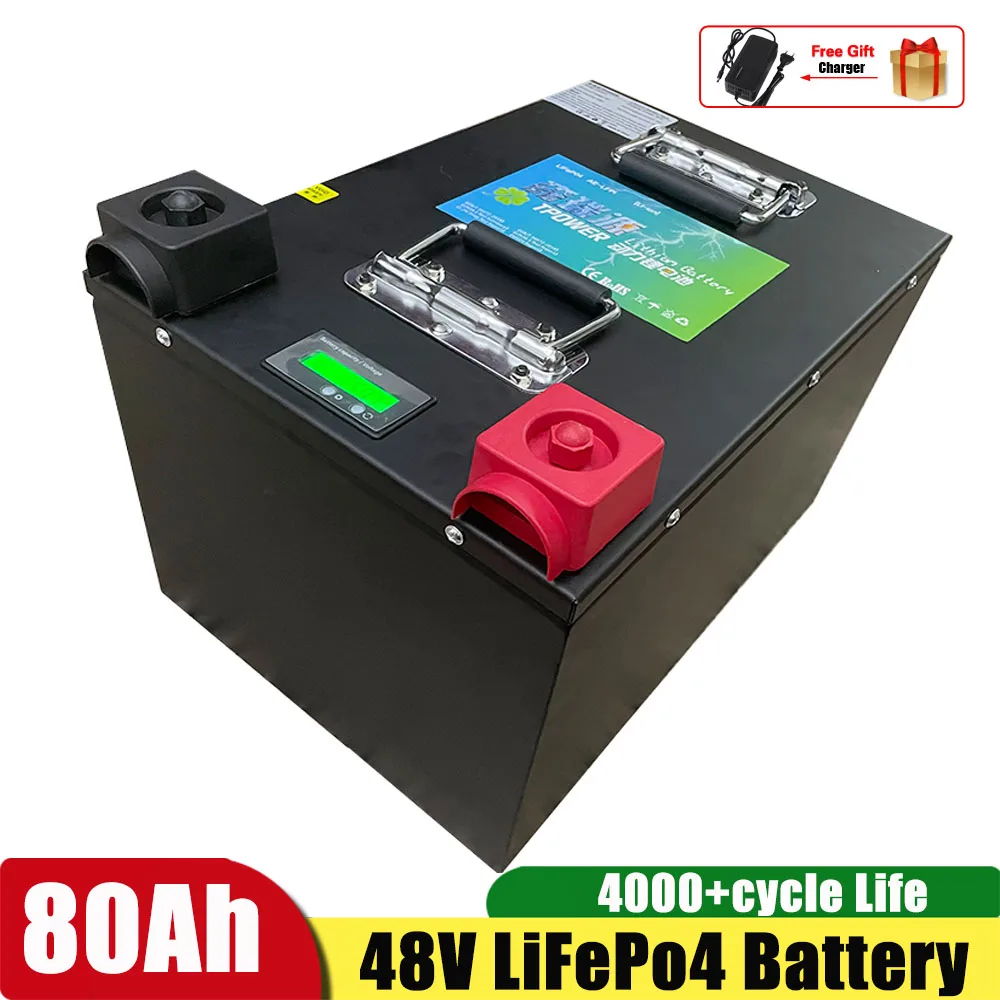 48V 80Ah Lifepo4 Lithium Battery Lithium Iron Phosphate With BMS for 5000W Scooter Bike Golf Cart RV Bike gift=10A Charger