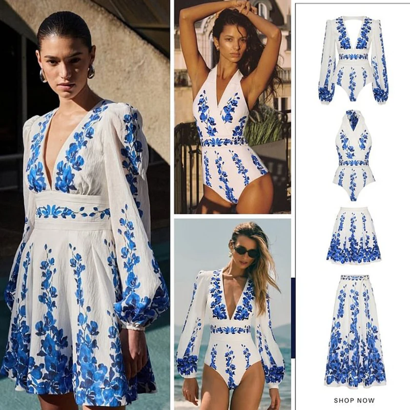 Flaxmaker Women New Vintage Elegant Women Printed Long Sleeve One Piece Swimsuit V Neck Boho Print Dress Loose Party Dresses