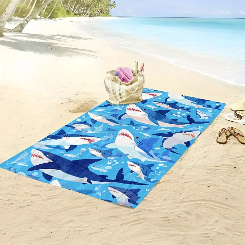 1pc Whimsical Cartoon Sharks Pattern Beach Towel Bright Blue Background Vibrant Playful Underwater Scene Bath Towels Microfiber