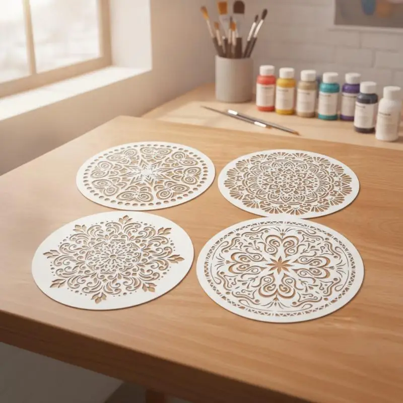 4PCS Round Mandala Stencils Reusable DIY Painting Templates for Themed Party Wall Wood Fabric Decor