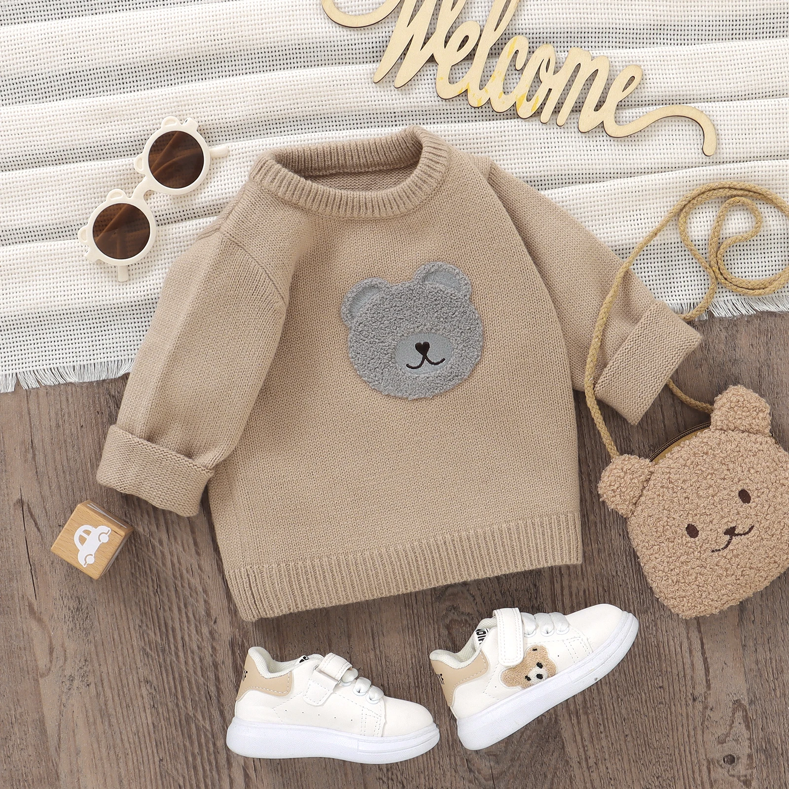 Baby Boy Girl Knit Sweater Bear Embroidery Crew Neck Long Sleeve Pullover Tops for Fall Winter 0-3 Years