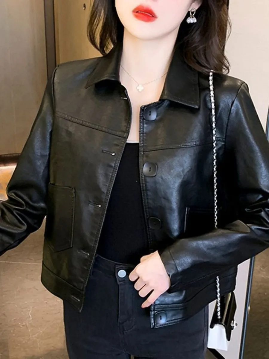 

Short Washed Leather Jacket Women's Spring Autumn Fashion Versatile High End Knee Pad Health Ring Design Sensation Coat