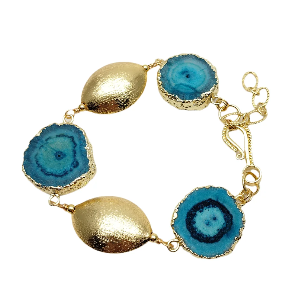 

yygem 24mm Blue Agate Slice wrap gold plated Brushed Beaded Bracelet
