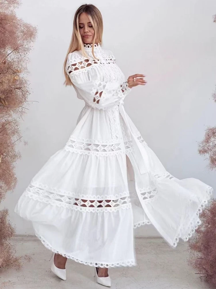 Delocah High Quality Summer Women Fashion Designer Party Long Dress Lantern Sleeve Gorgeous Hollow Out White Dresses Vestidos