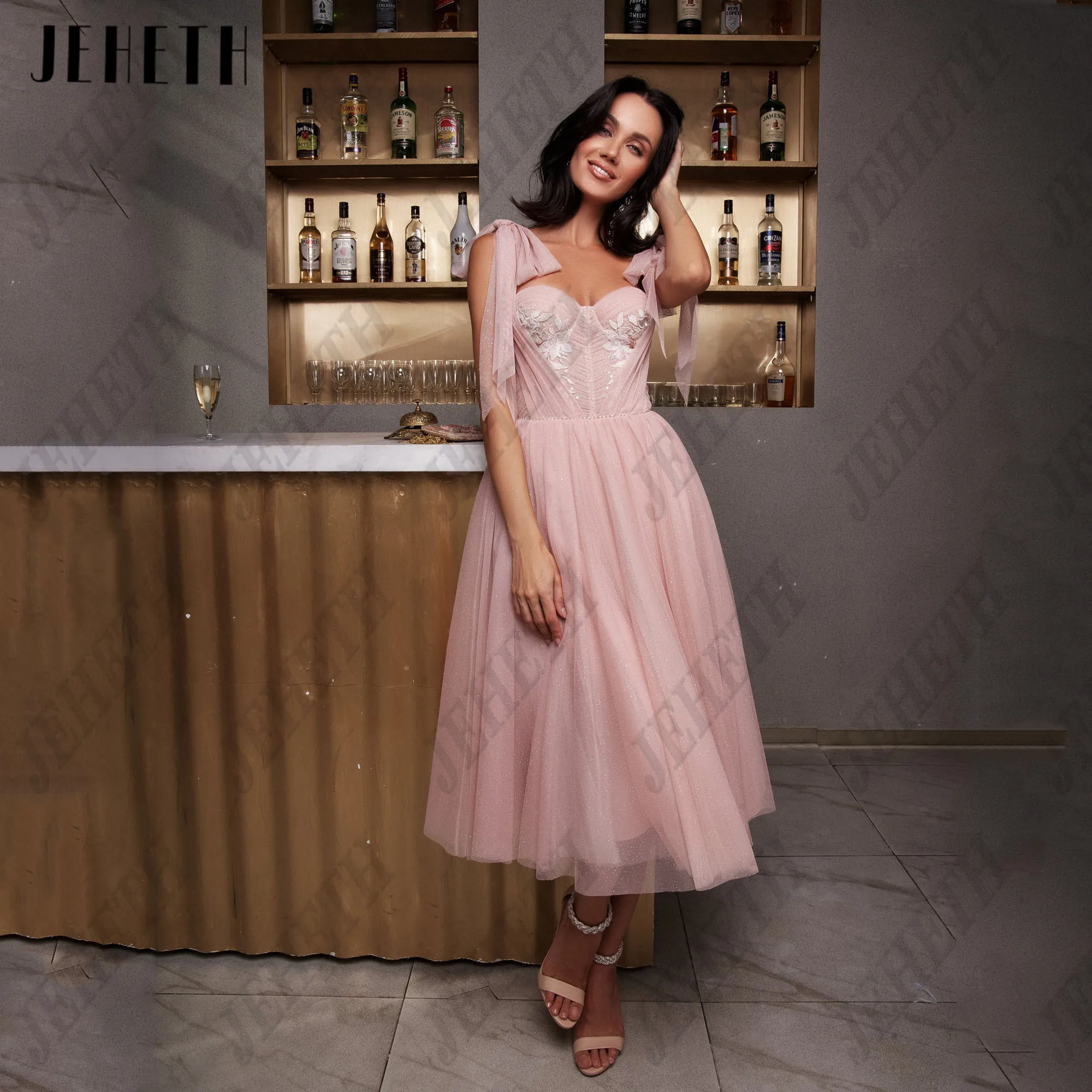 JEHETH Personalizado Glitter Rosa Midi Prom Dress Spaghetti Straps Querida Arcos Lace Vestido de noite Espartilho Ocasião Formal VestidosJEHETH Personalizado Glitter Rosa Midi Prom Vestido de Spaghetti Straps Sweethear