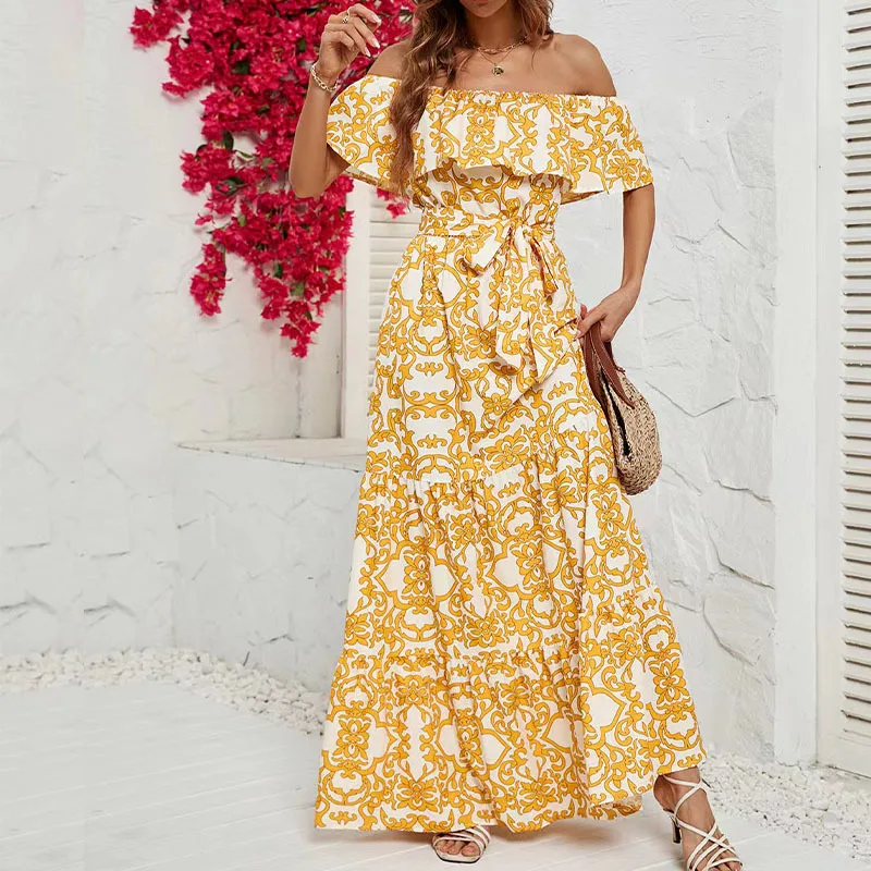 

Fashion Off Shoulder Sexy Summer Dress Boho Floral Printed Short Sleeve Robes Longues Beach Holiday Long Dresses for Woman Robe