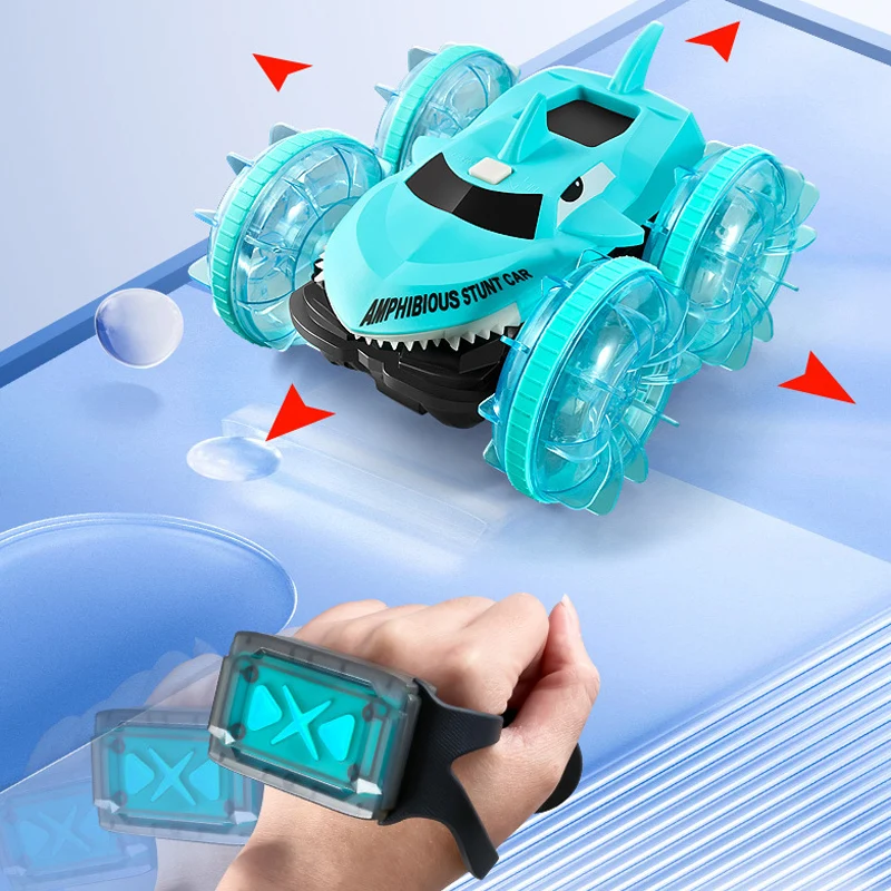 Amphibious RC Car Dual Remote Control Waterproof Stunt Car Double Side Flip Drift Drive 360 Rotation Shark Cars for Kids Toy