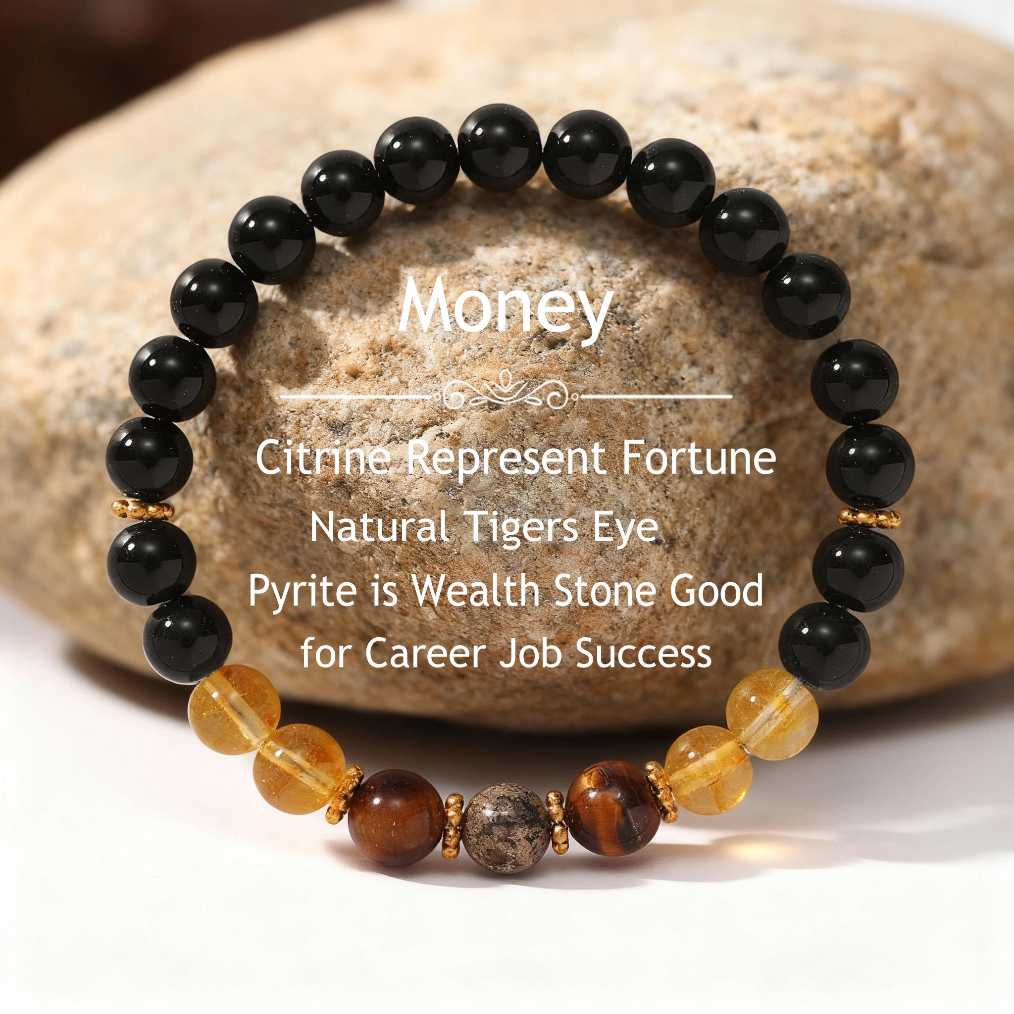 1 pièce Bracelet porte-bonheur glamour pour l'hiver, en Œil de tigre noir, Citrine et Pyrite, de haute qualité, pour la famille, le quotidien et Noël, attire l'argent