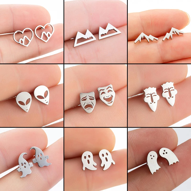 Gothic Stainless Steel Funny Face Ghost Earring for Women Mountain Peak Ear Jewelry Sports Outdoor Earrings Accessories