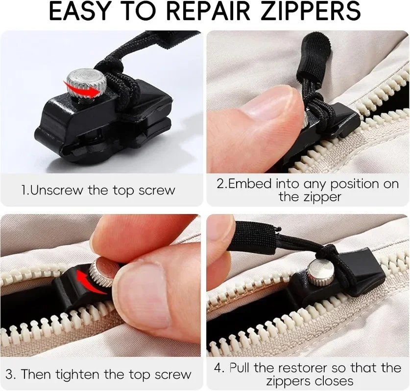 12Pcs Universal Zipper Repair Kit Quick Instant Detachable Zipper Head Replacement Zipper Slider Pull for 3 Different Size