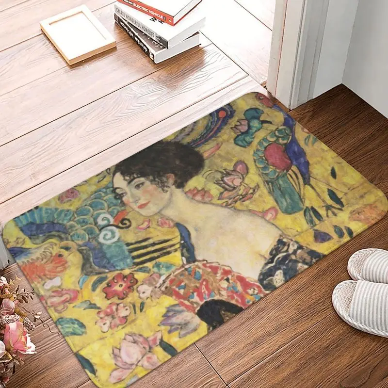 Lady With Fan By Gustav Klimt Doormat Anti-Slip Bath Kitchen Mat Toilet Floor Door Entrance Carpet Rug