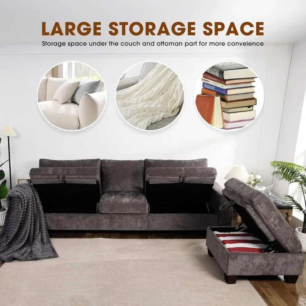 112“ Convertible Storage Sectional Sofa,L Shaped Couch with Storage Ottoman,Multi-Functional Reversible Sofa,Breathable Fabric