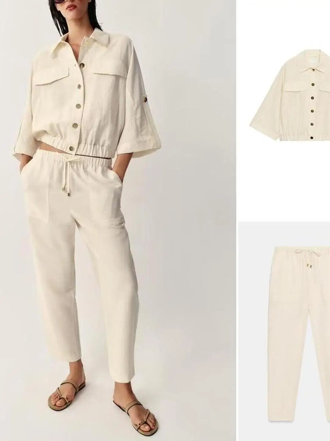 Adjustable Sleeve Length Shirt  Pattern Straight Leg Pants Low Waist Two Piece Set Summer Fashion Workwear Polyester Fiber