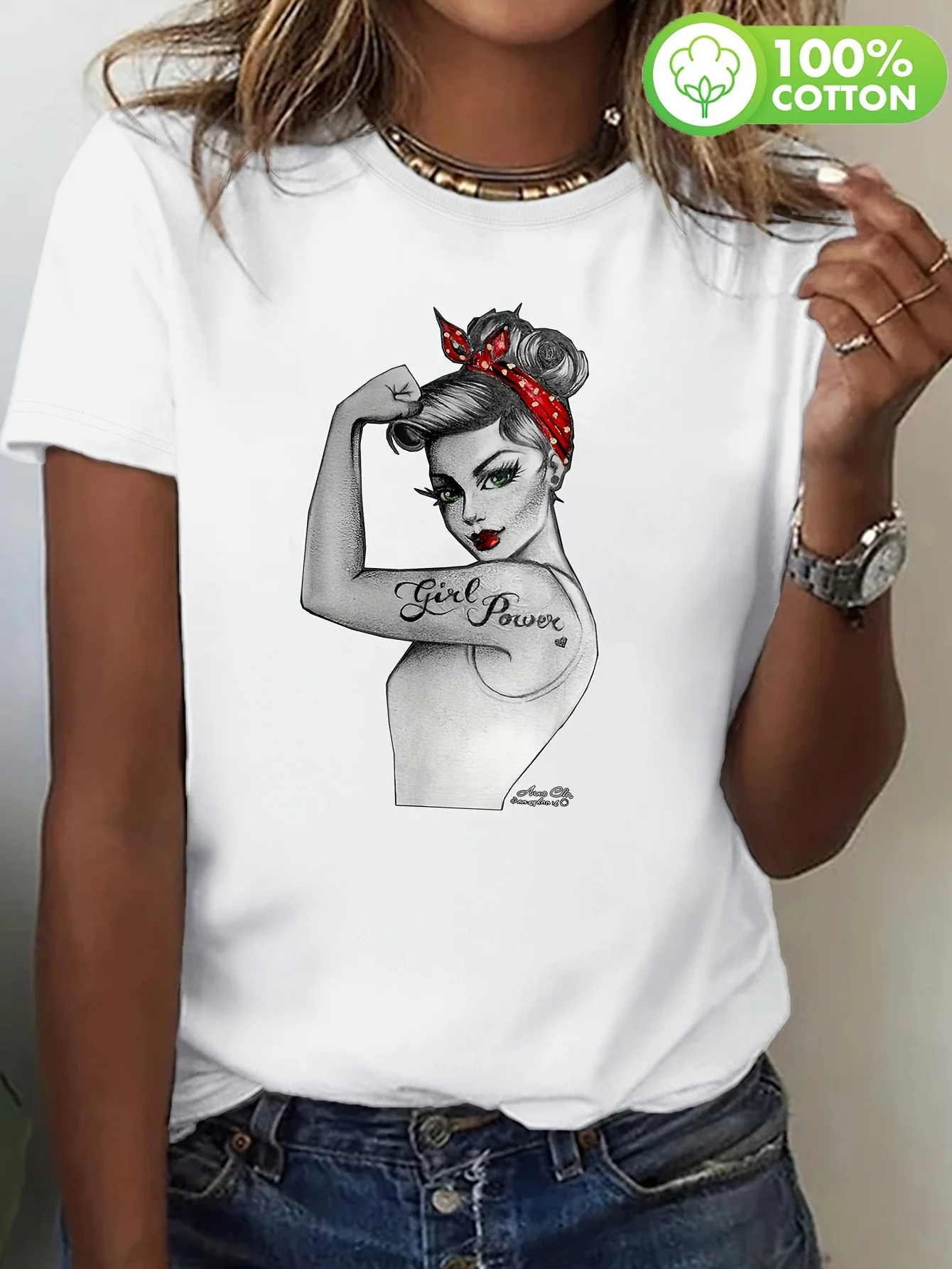 

Women's Vintage Rosie the Riveter Graphic Tee - Black & White Retro Pin-Up Shirt with "We Can Do It!" Anne Cha Feminist Top