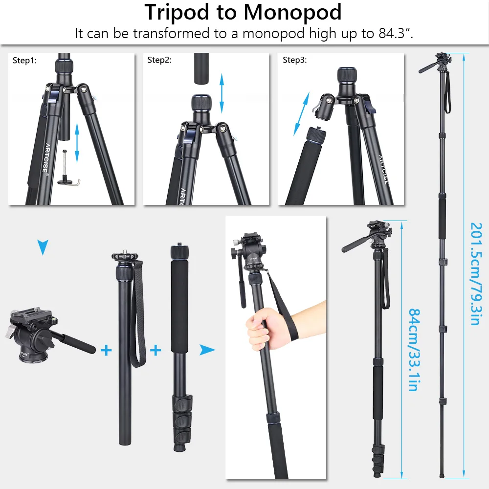 Imagem -04 - Artcise Af30 Mais Vh03 193cm Liga de Alumínio Portátil Viagem Fast Flip Lock Tripé Luz com Cabeça Fluida para Câmera de Vídeo Camcorder