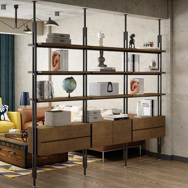 Partition Shelf Office Wrought Iron Solid Wood Screen Bookshelf Display Shelf