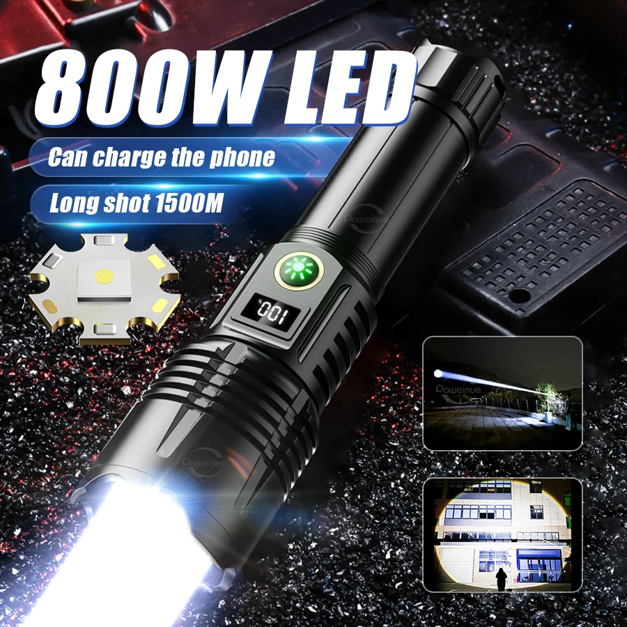 

800W Super Bright Rechargeable LED Flashlight Strong Light Type-C Charging LED Lantern 18650/26550 Battery Powerful Hand Torch