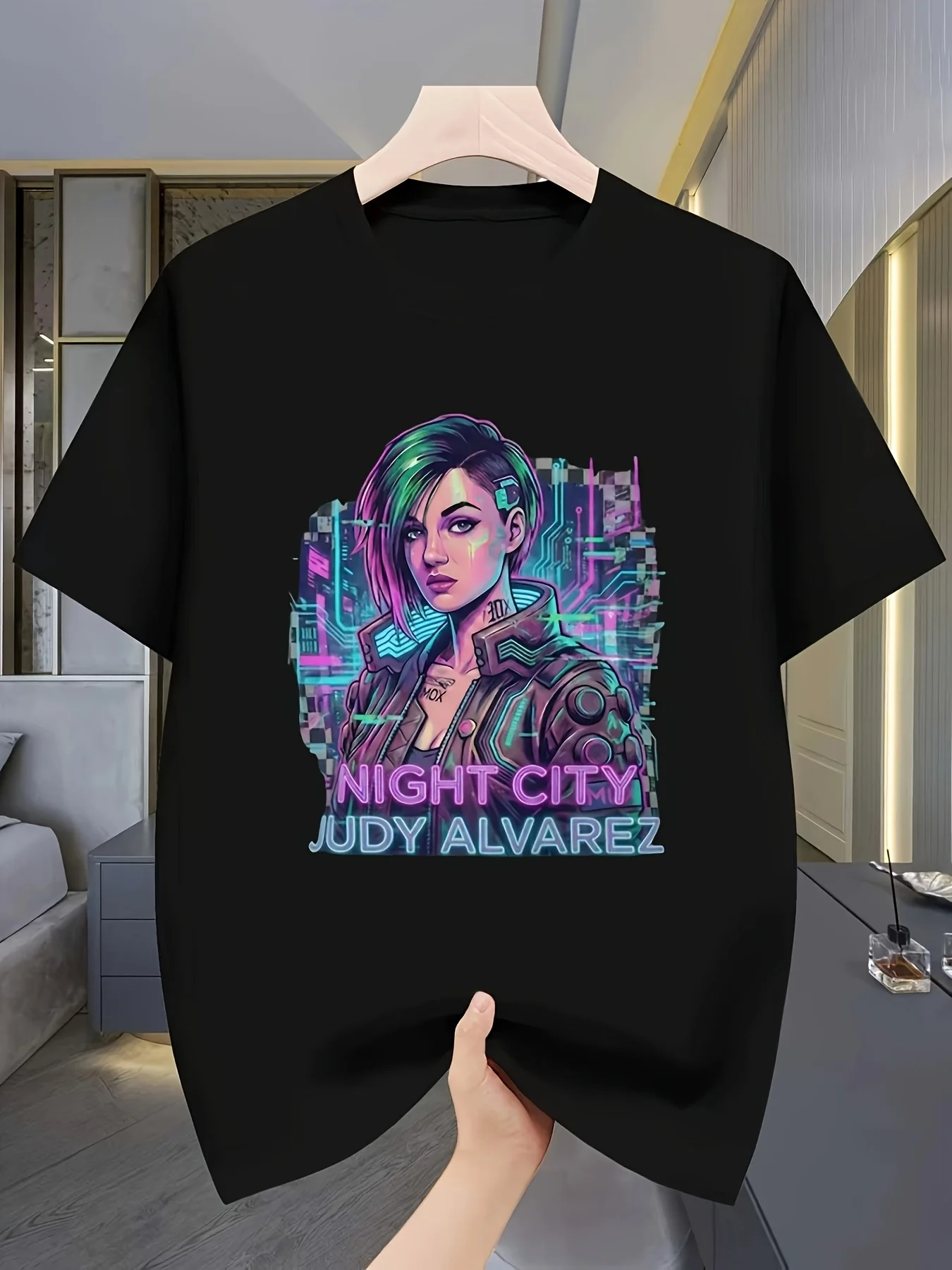 Cyberpunk Judy Alvarez Techie Girl T-Shirt Night City Brain Dance Braindance Operator Tattoo Video Game Top Men Round Neck