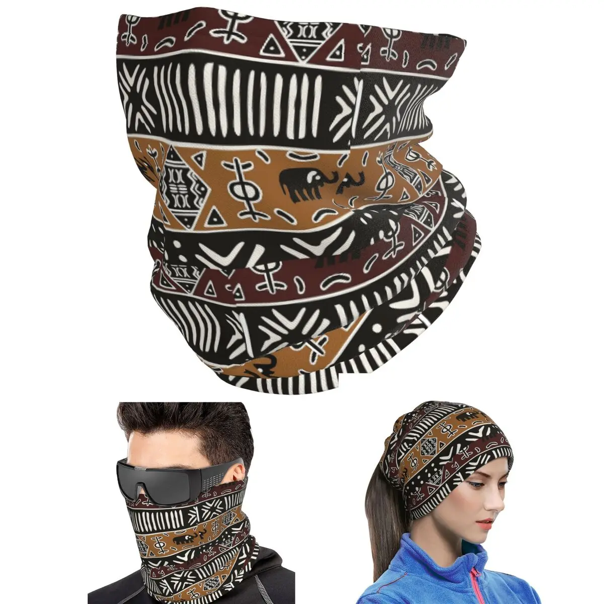 African Mud Cloth With Elephants Bandana Neck Cover Printed Face Scarf Multi-use Balaclava For Men Women Adult Winter