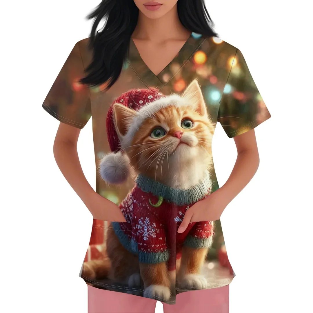 Uniforme clínico mulher rena papai noel impressão natal com decote em v esfrega mulher moda manga curta uniformes cirúrgicos mulher topo