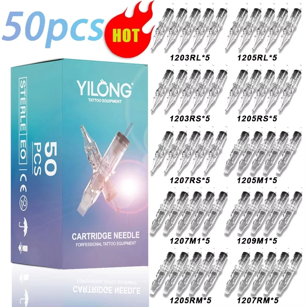 YILONG Transparent Tattoo Cartridge Needles 20/50/100pcs Mixed Size Steriled Needles with Membrane Safety Cartridges Needles