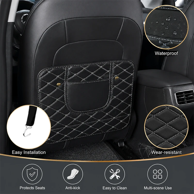 Short Size Auto Back Seat Anti-kick Cover Diamond Stitching PU Leather Car Seat Back Protector with Hooks