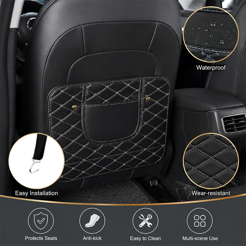  Short Size Auto Back Seat Anti-kick Cover Diamond Stitching PU Leather Car Seat Back Protector with Hooks 