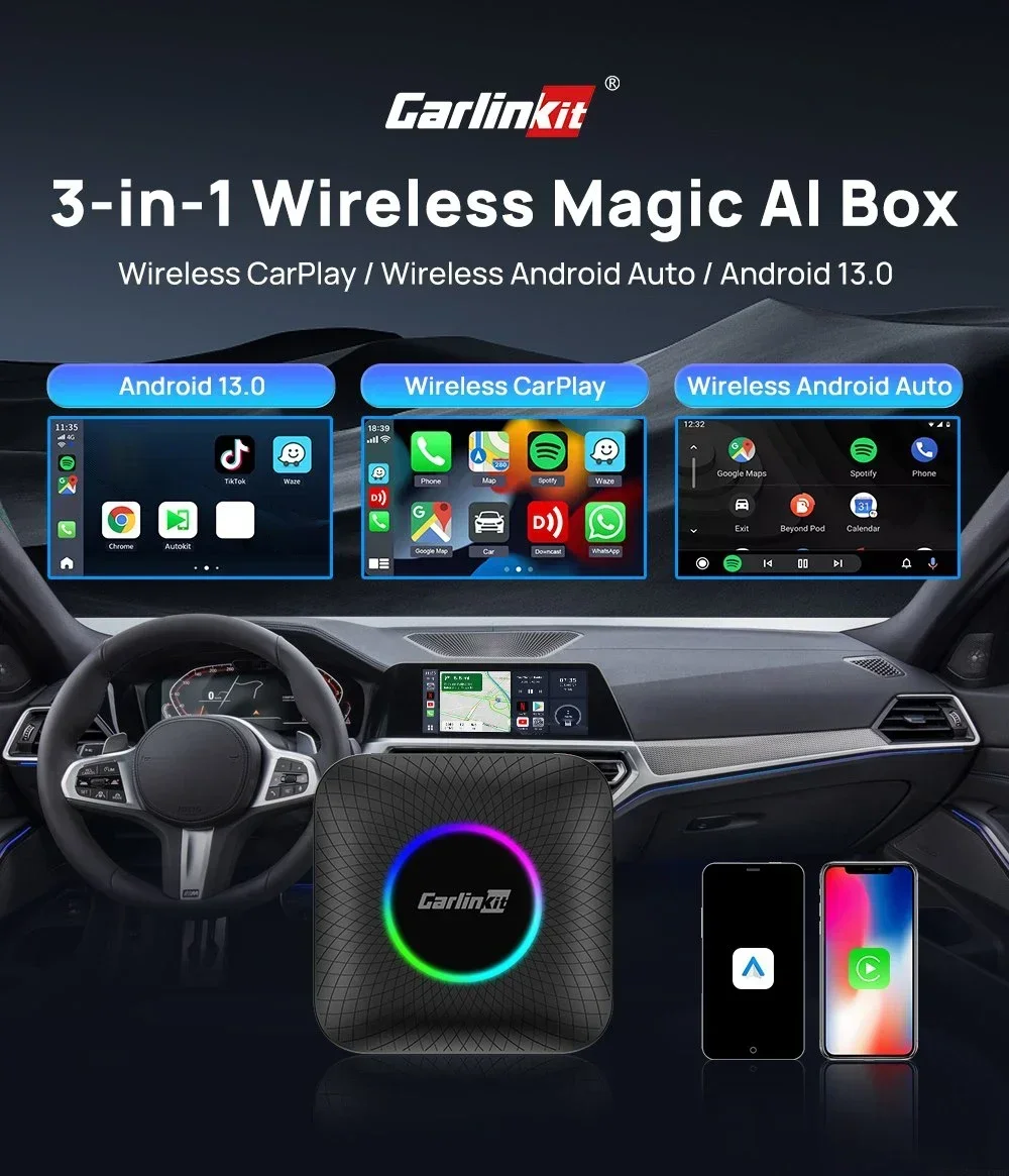 8GB+128GB CarlinKit Android 13 CarPlay AI Box LED Wireless Carplay Android auto Adapter Upgrade SDM660 8-Cores For IPTV