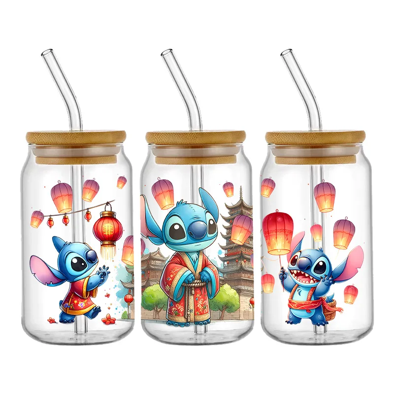 Disney Stitch-pegatina UV DTF de cristal de 16oz, pegatina de transferencia personalizada para envolver tazas, etiqueta personalizada con logotipo,