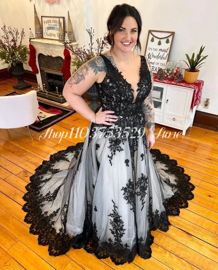 Gothic V-Hals Trouwjurken Zwart Wit Geborduurde Mexicaanse Bruids A Line Couture Lange Formele Gelegenheid Vestidos De Novia